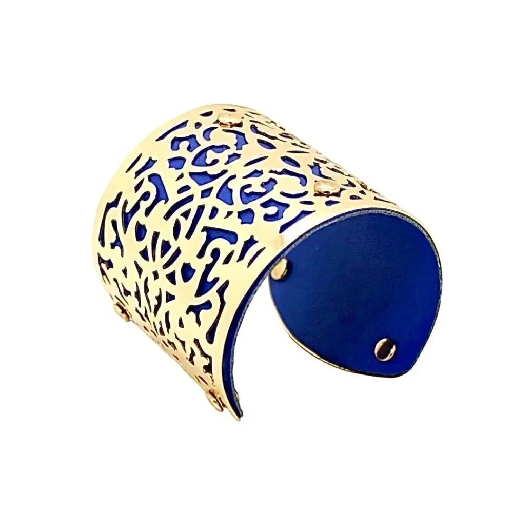 NEW Eye Candy LA Wide Cuff Bracelet Gold-Tone Filigree Overlay Blue Leather